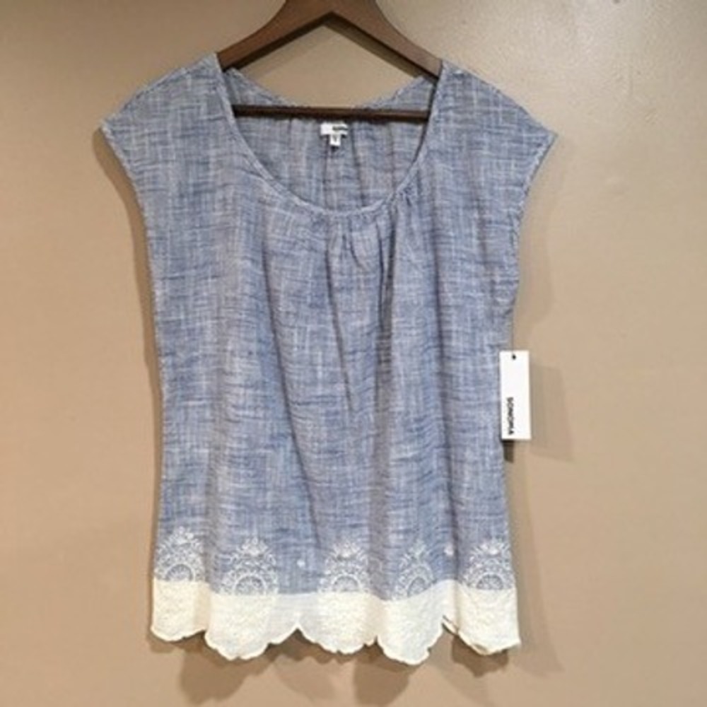 Sonoma Embroidered Eyelet Scallop Hem Top Women S Blue Chambray Cottage Coastal